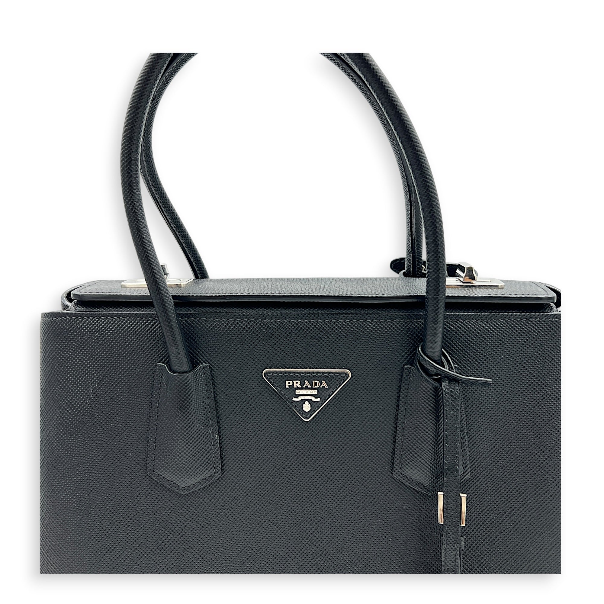 2 Way Turnlock Top Handle Bag Black in Saffiano Leather, Silver hardware