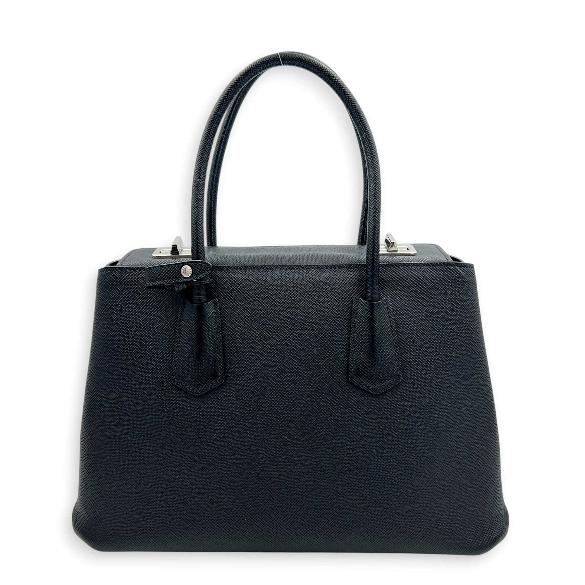 2 Way Turnlock Top Handle Bag Black in Saffiano Leather, Silver hardware