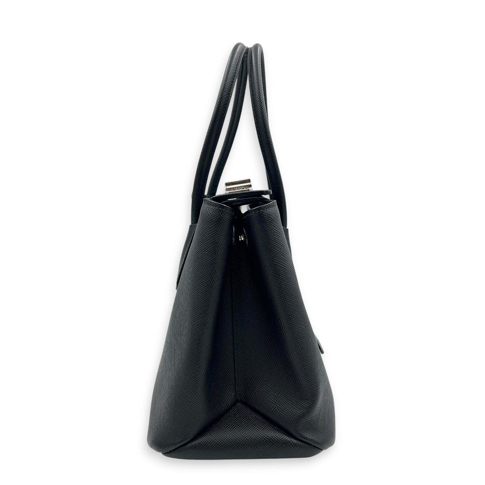 2 Way Turnlock Top Handle Bag Black in Saffiano Leather, Silver hardware