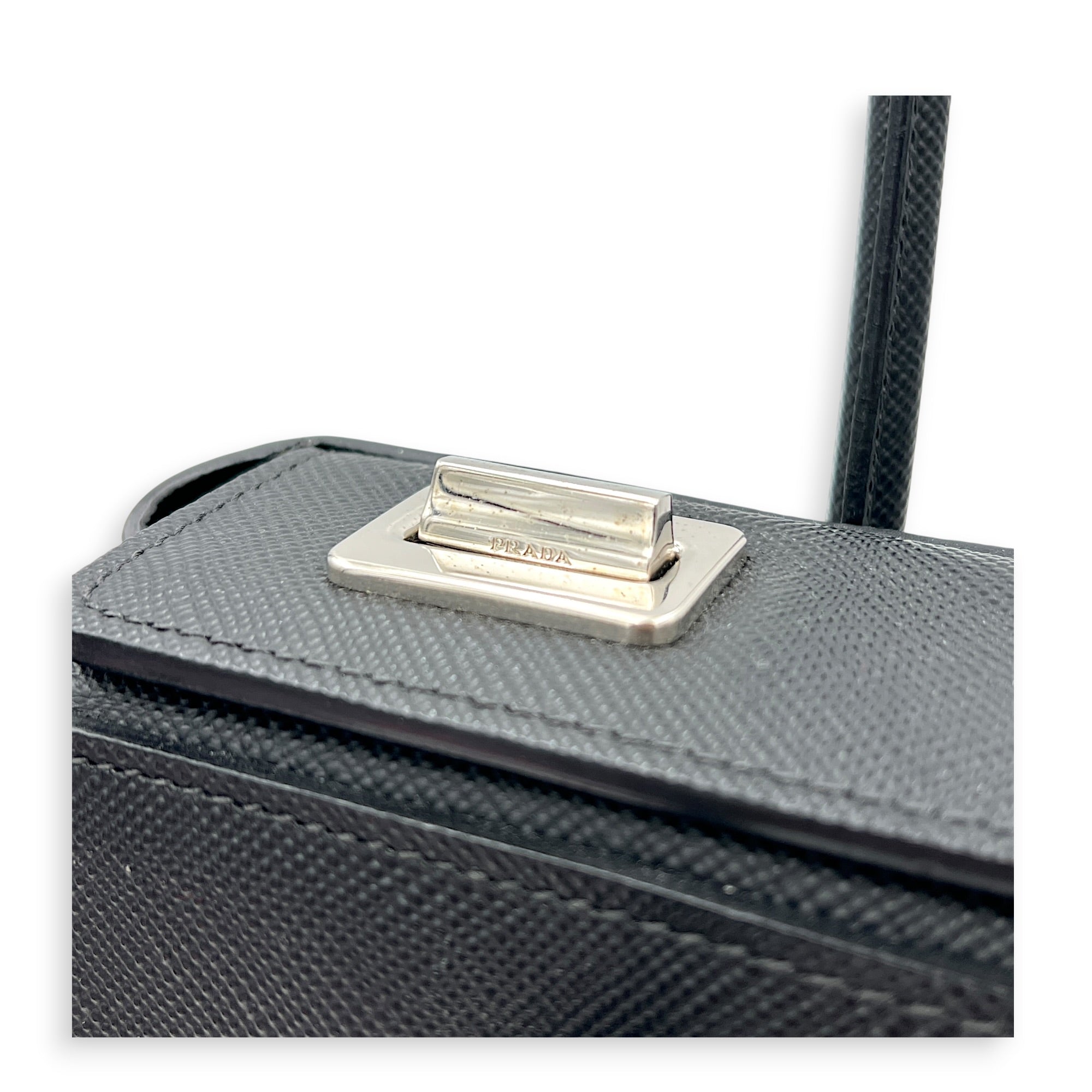 2 Way Turnlock Top Handle Bag Black in Saffiano Leather, Silver hardware