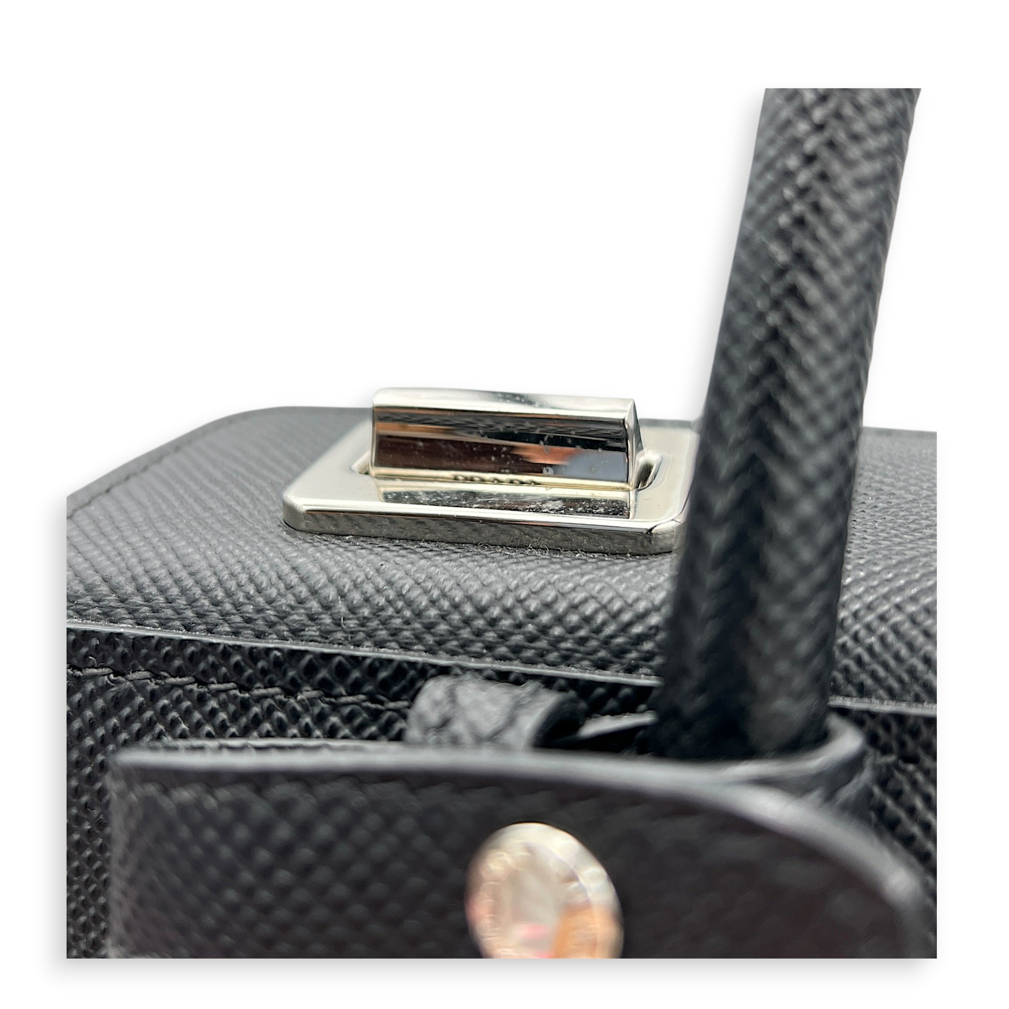 2 Way Turnlock Top Handle Bag Black in Saffiano Leather, Silver hardware