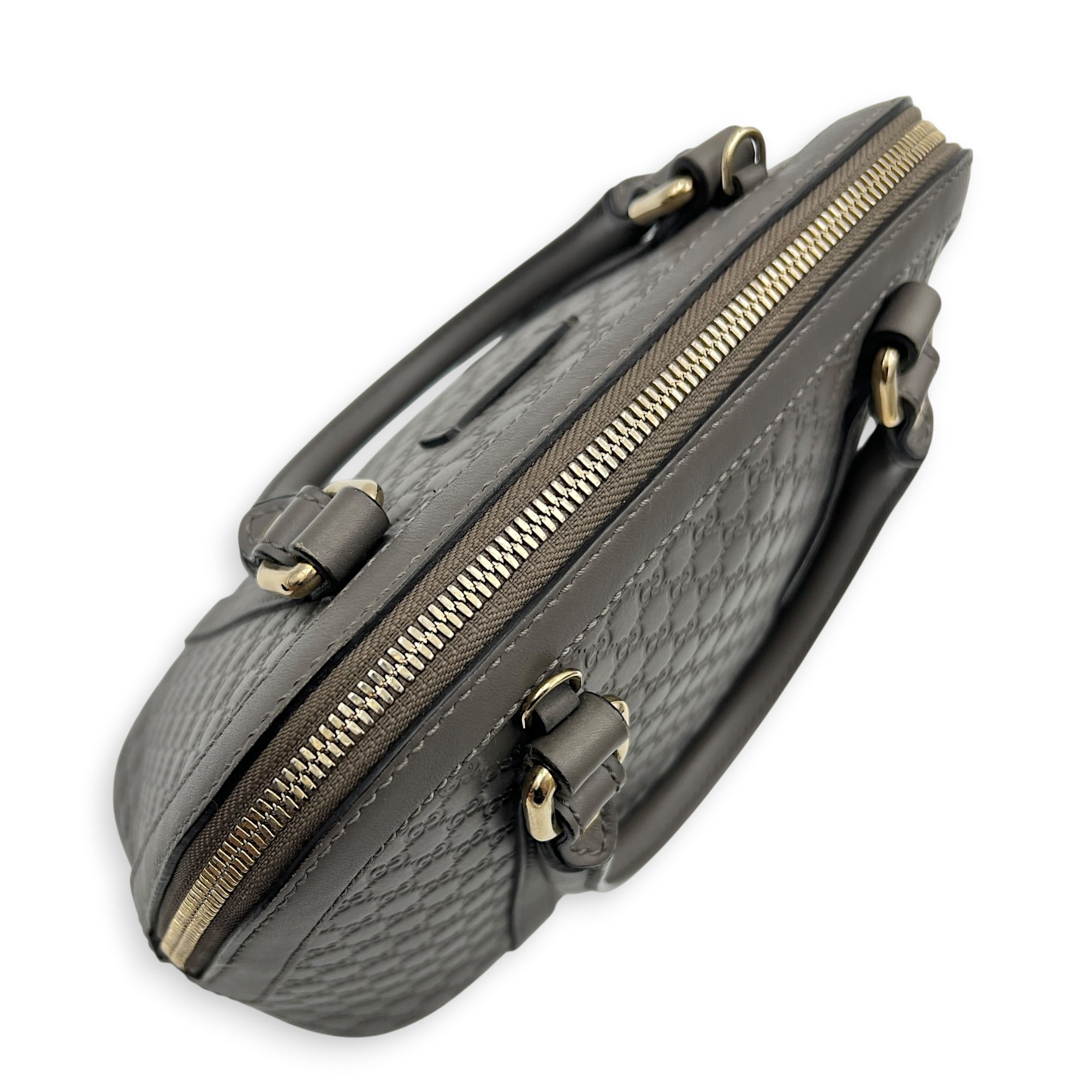 Dome Grey Top Handle Bag in Calfskin, Gold hardware