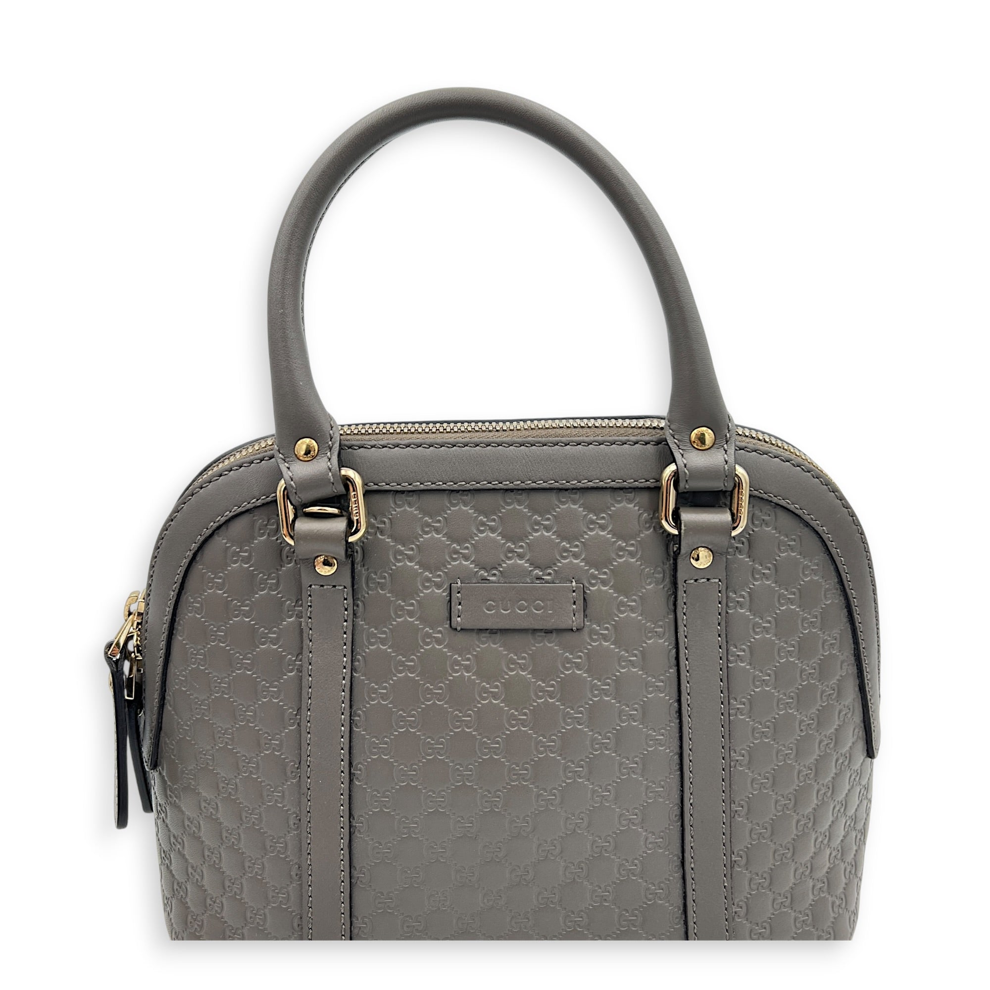 Dome Grey Top Handle Bag in Calfskin, Gold hardware