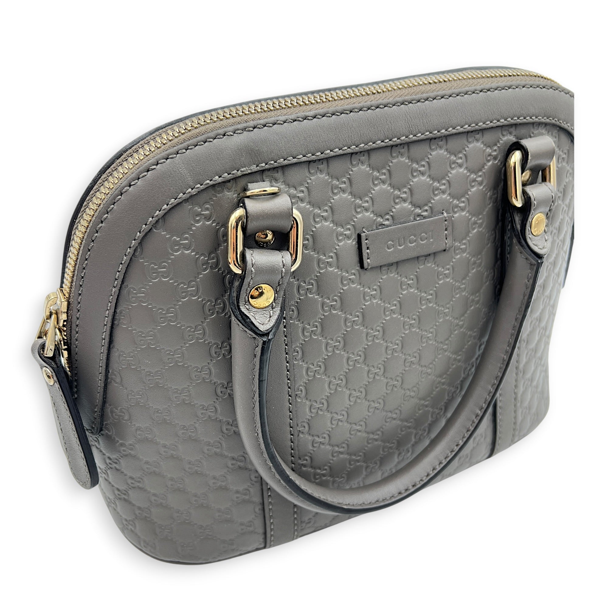Dome Grey Top Handle Bag in Calfskin, Gold hardware