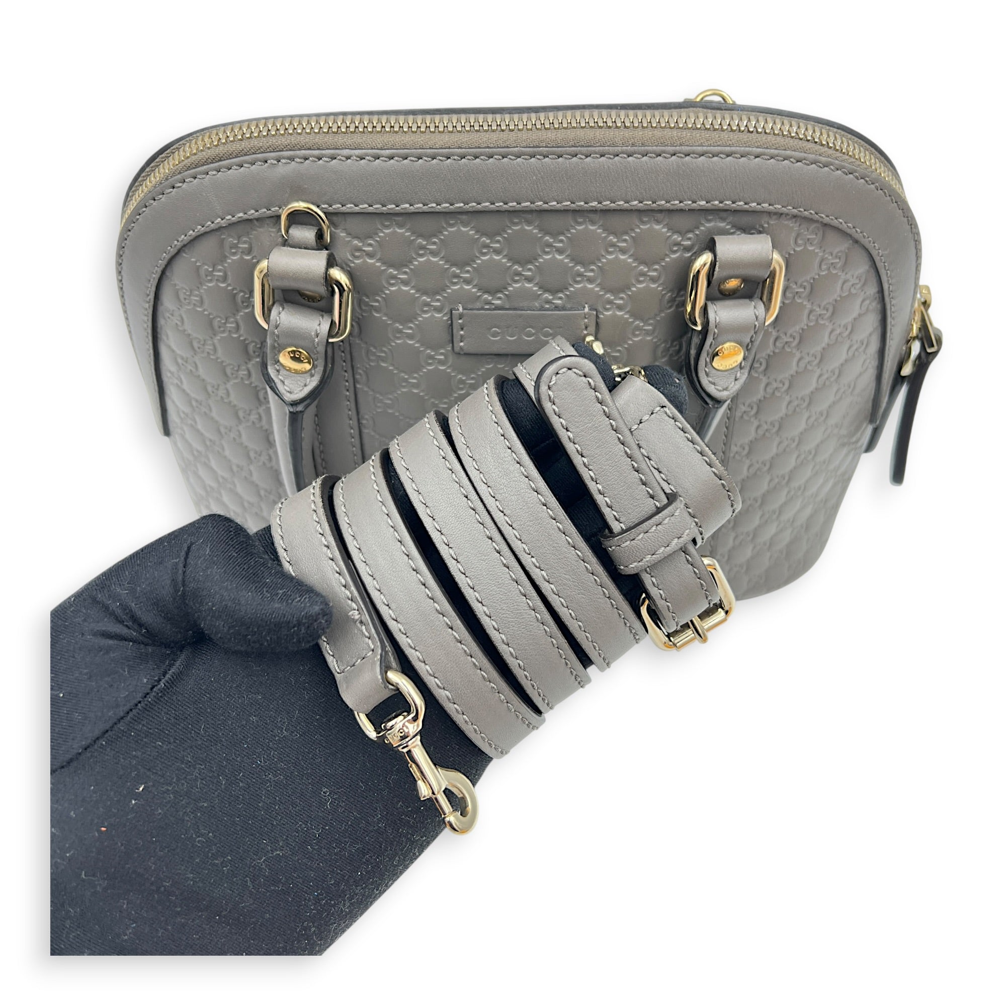 Dome Grey Top Handle Bag in Calfskin, Gold hardware