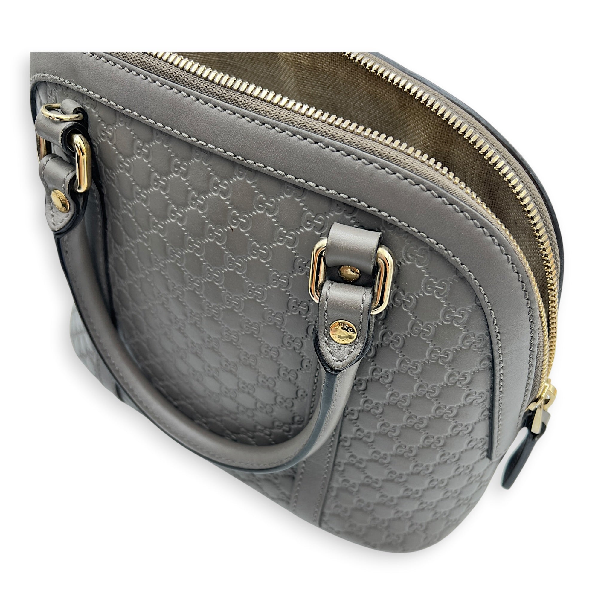 Dome Grey Top Handle Bag in Calfskin, Gold hardware