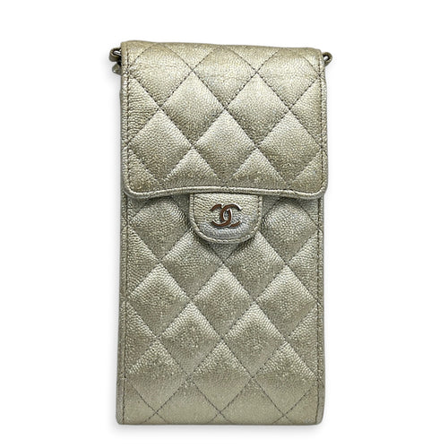 CC Quilted  Phone Bag Gold in Caviar Leather, Silver hardware