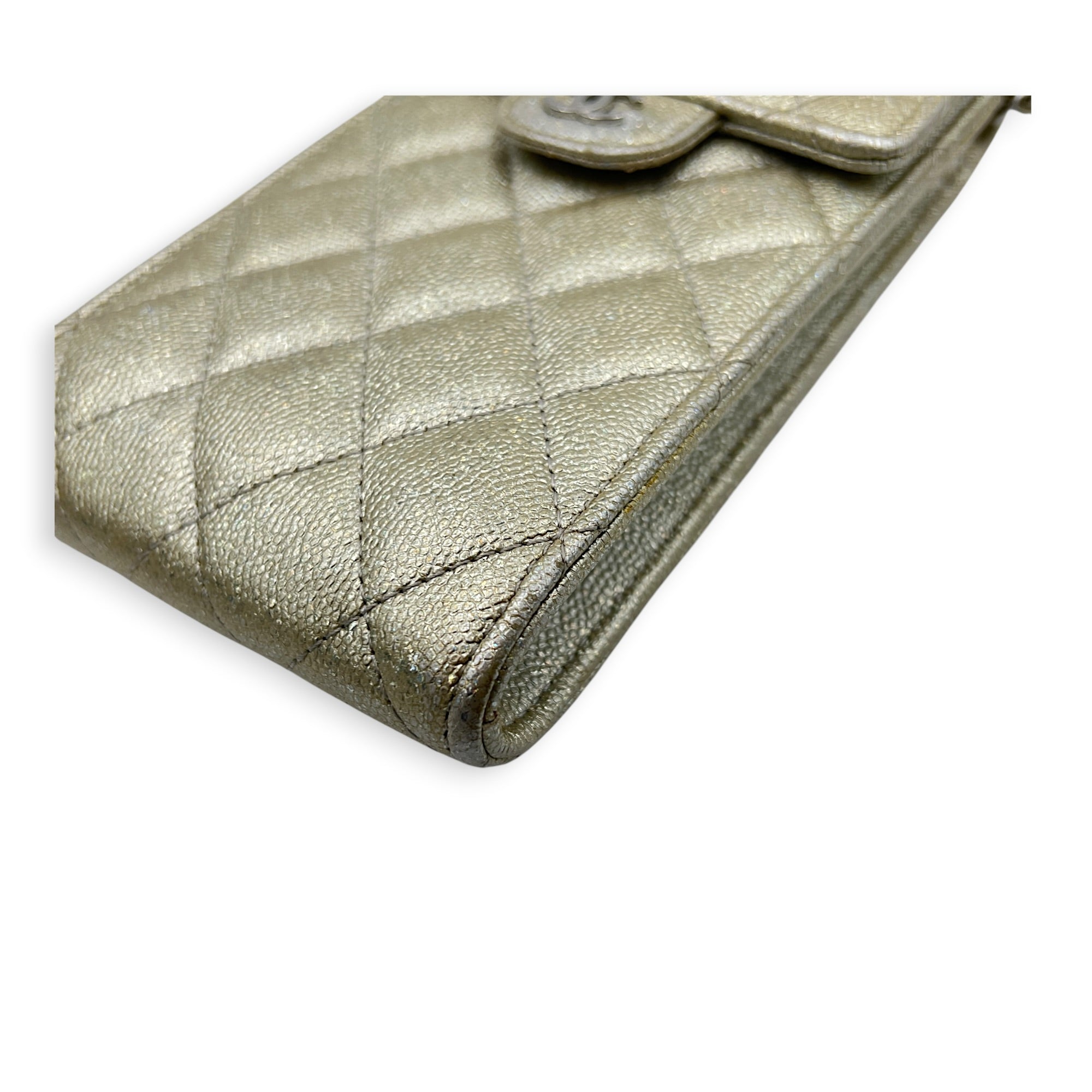CC Quilted  Phone Bag Gold in Caviar Leather, Silver hardware