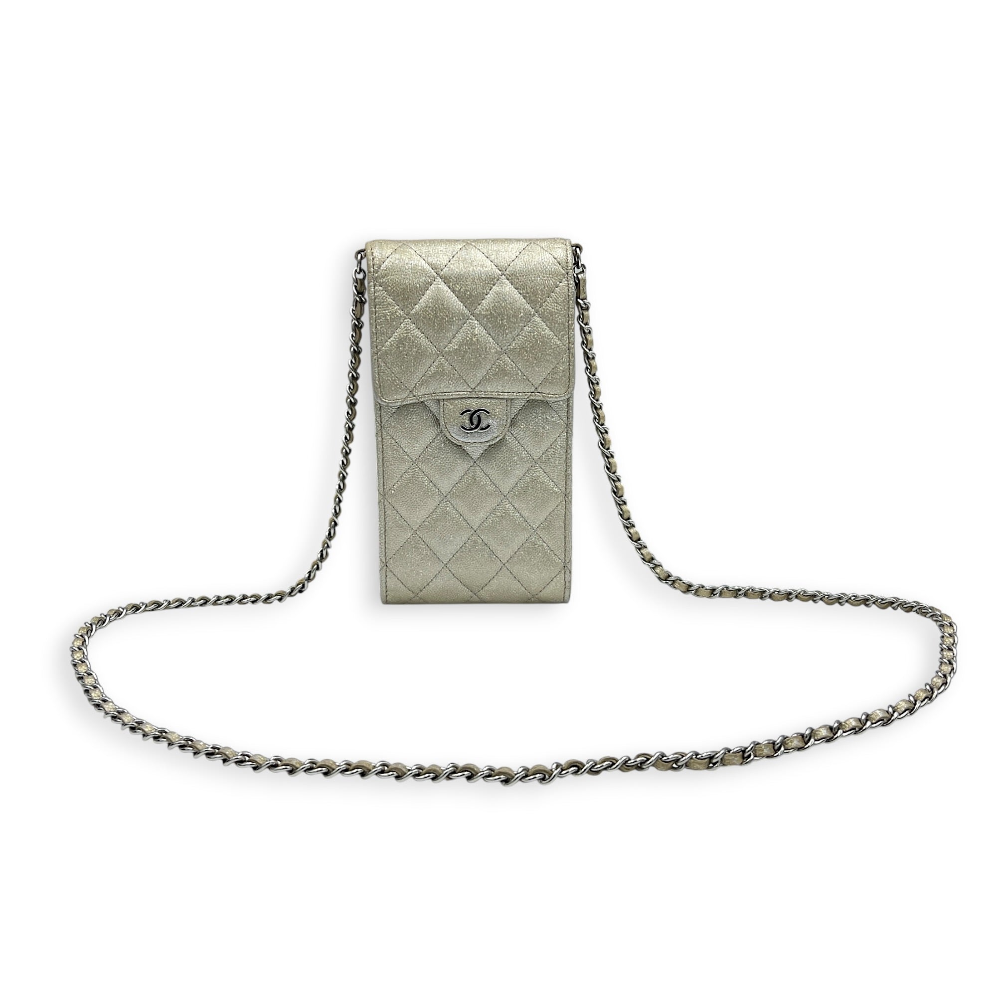 CC Quilted  Phone Bag Gold in Caviar Leather, Silver hardware
