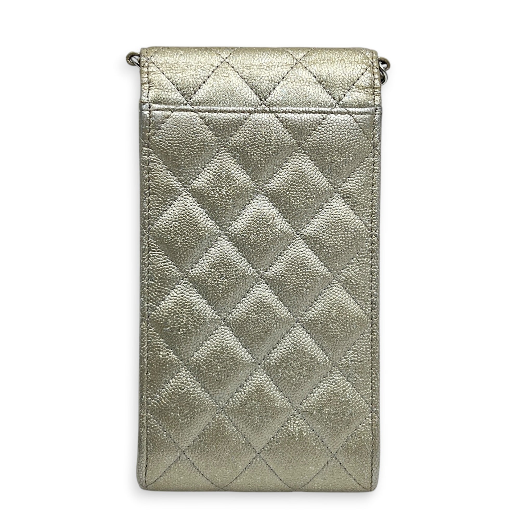 CC Quilted  Phone Bag Gold in Caviar Leather, Silver hardware