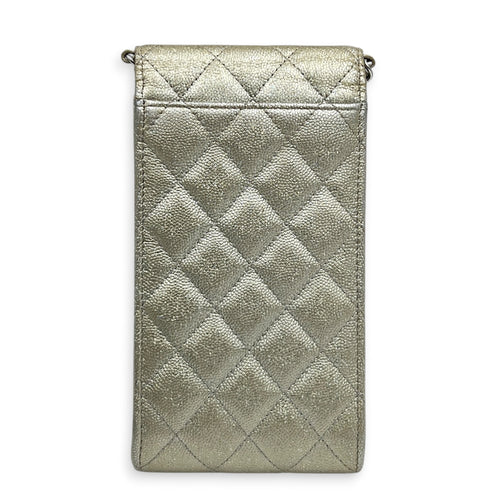 CC Quilted  Phone Bag Gold in Caviar Leather, Silver hardware