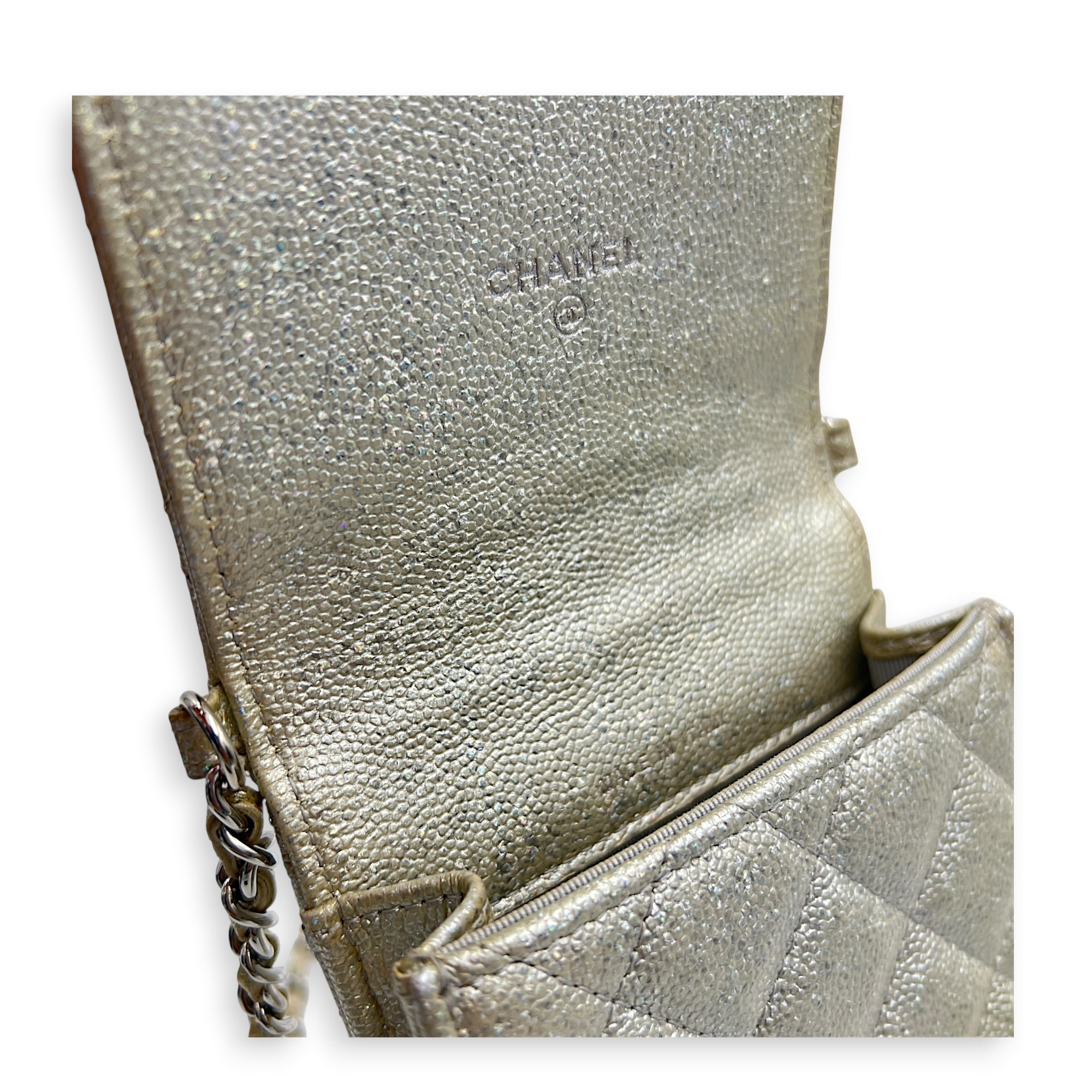 CC Quilted  Phone Bag Gold in Caviar Leather, Silver hardware