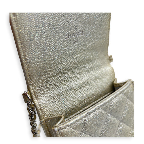 CC Quilted  Phone Bag Gold in Caviar Leather, Silver hardware
