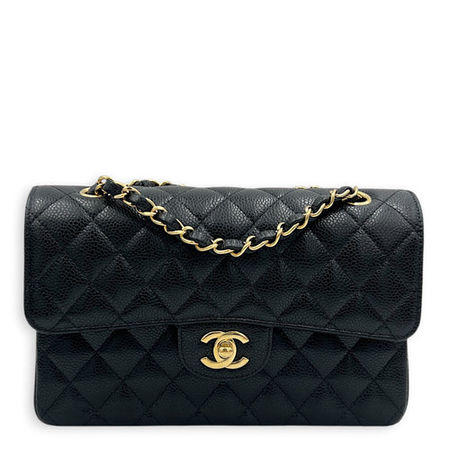 Classic Double Flap Small Black Shoulder Bag in Caviar Leather, Gold hardware