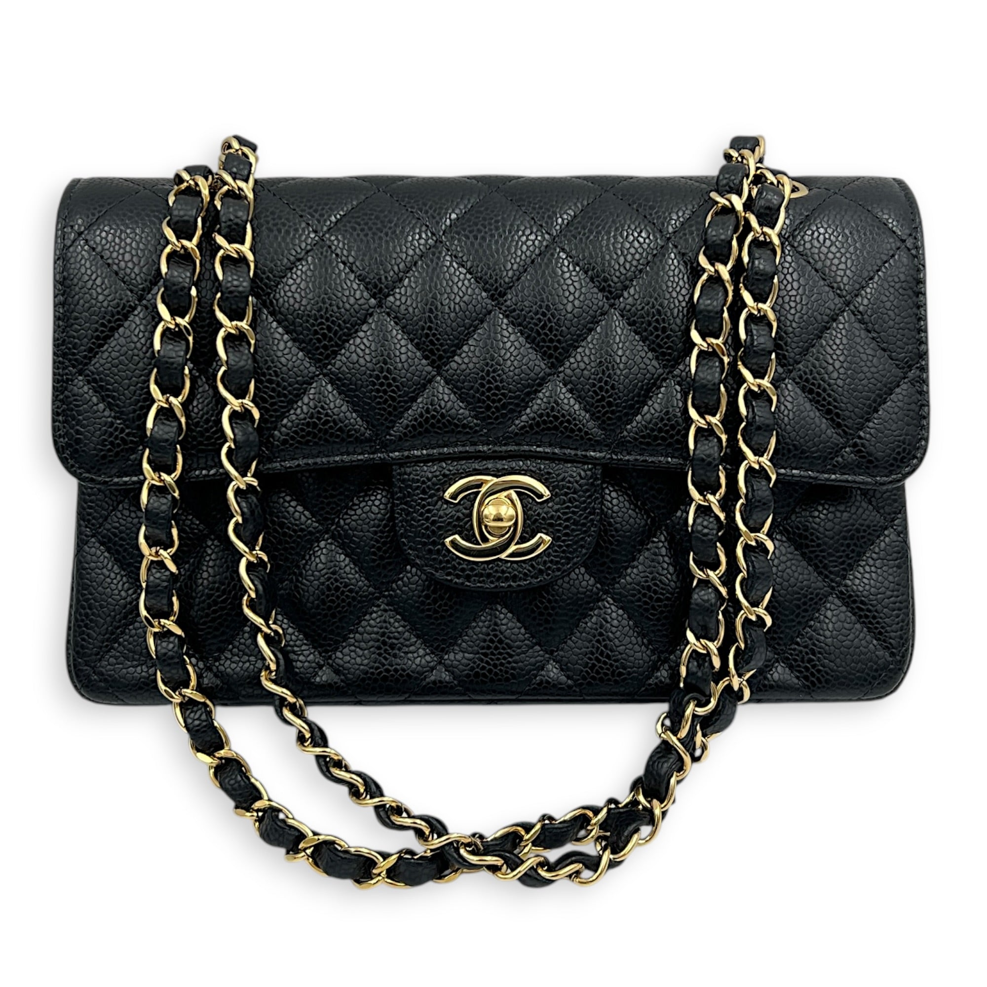 Classic Double Flap Small Black Shoulder Bag in Caviar Leather, Gold hardware