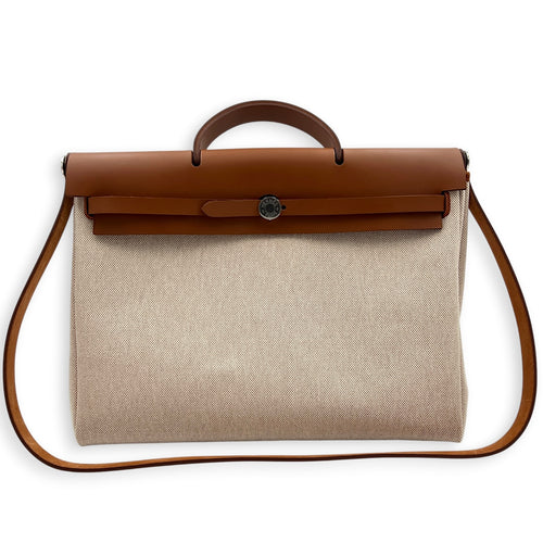 Herbag 39 Ecru-Beige/Fauve Top Handle Bag in Canvas, Palladium hardware