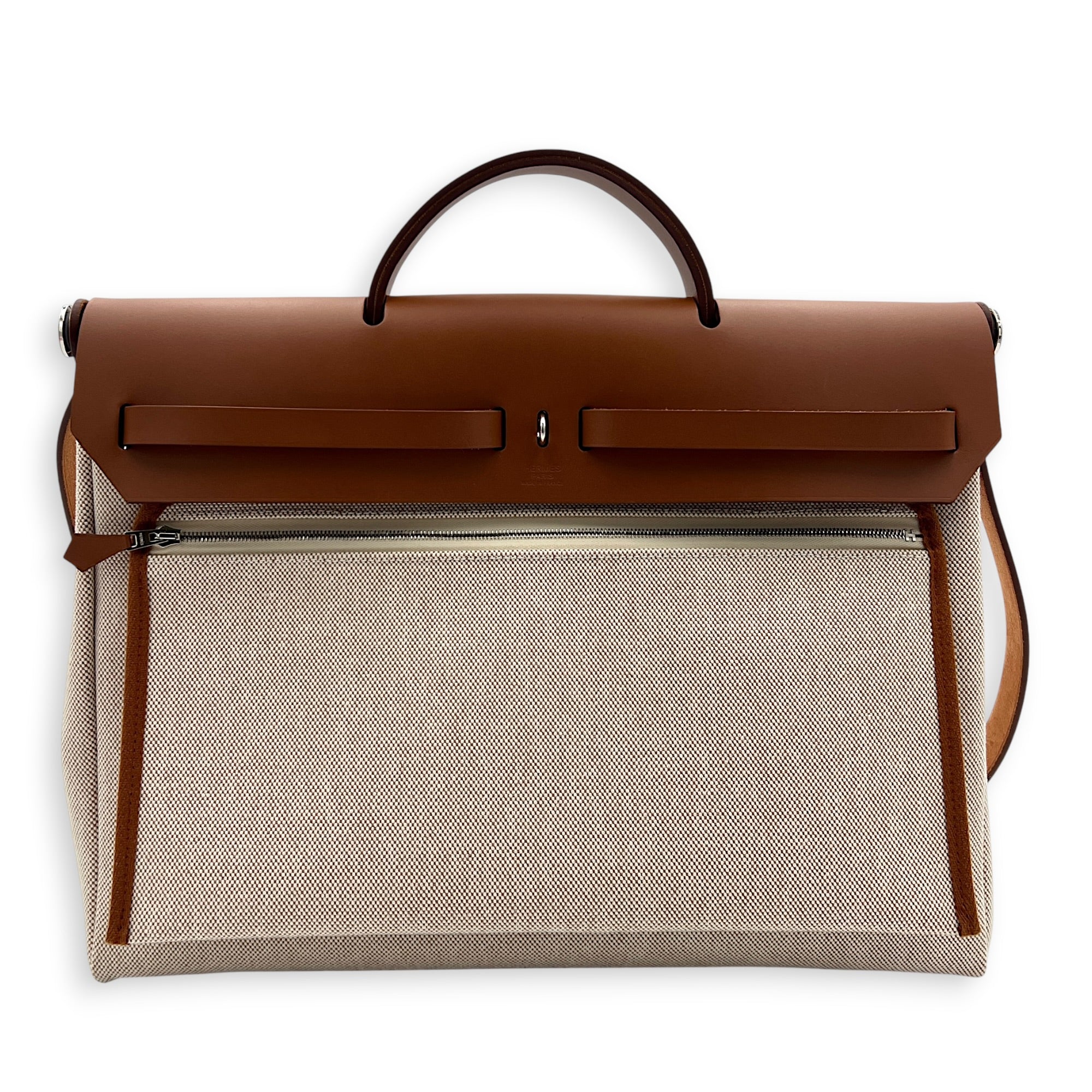 Herbag 39 Ecru-Beige/Fauve Top Handle Bag in Canvas, Palladium hardware