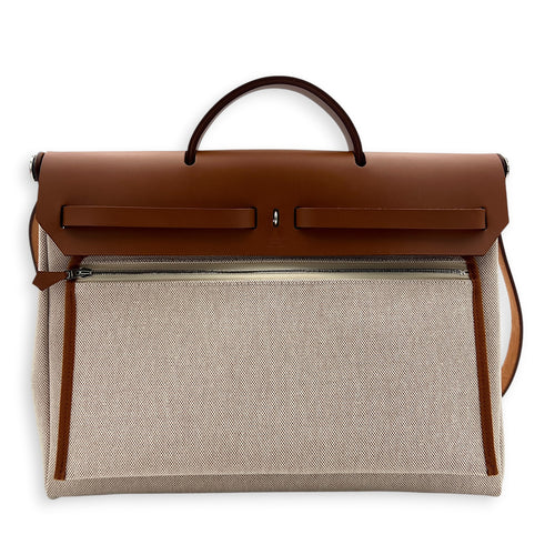 Herbag 39 Ecru-Beige/Fauve Top Handle Bag in Canvas, Palladium hardware