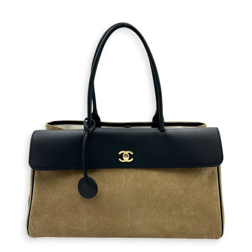 26A Shopping Tote Tote Bag Large Beige in Suede Leather, Gold hardware