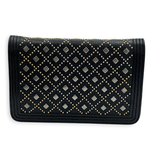 Studded Boy Black Wallet On Chain in Calfskin, Gold hardware