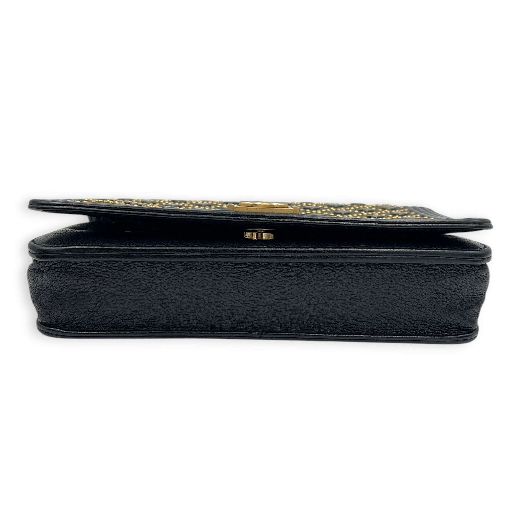 Studded Boy Black Wallet On Chain in Calfskin, Gold hardware