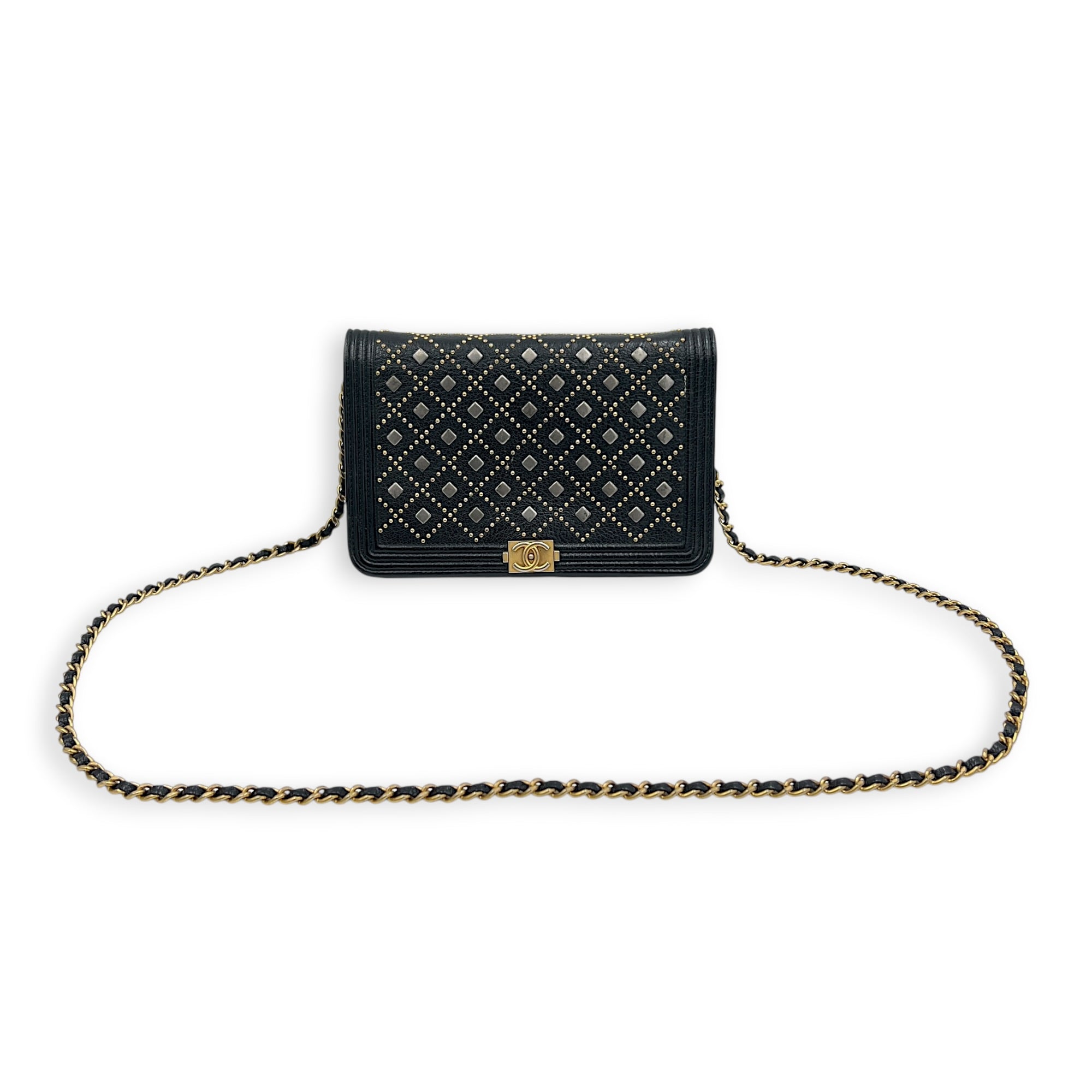 Studded Boy Black Wallet On Chain in Calfskin, Gold hardware