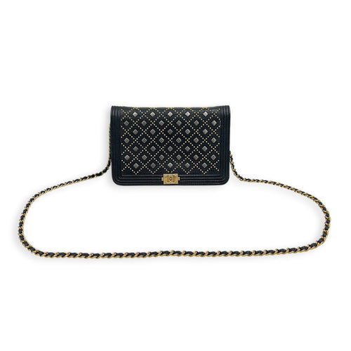 Studded Boy Black Wallet On Chain in Calfskin, Gold hardware