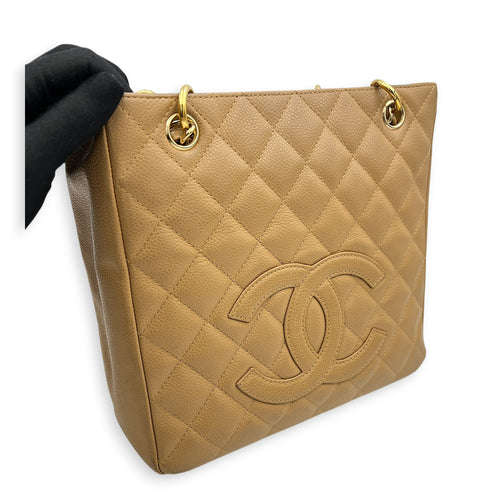 PST Beige Tote Bag in Caviar Leather, Gold hardware