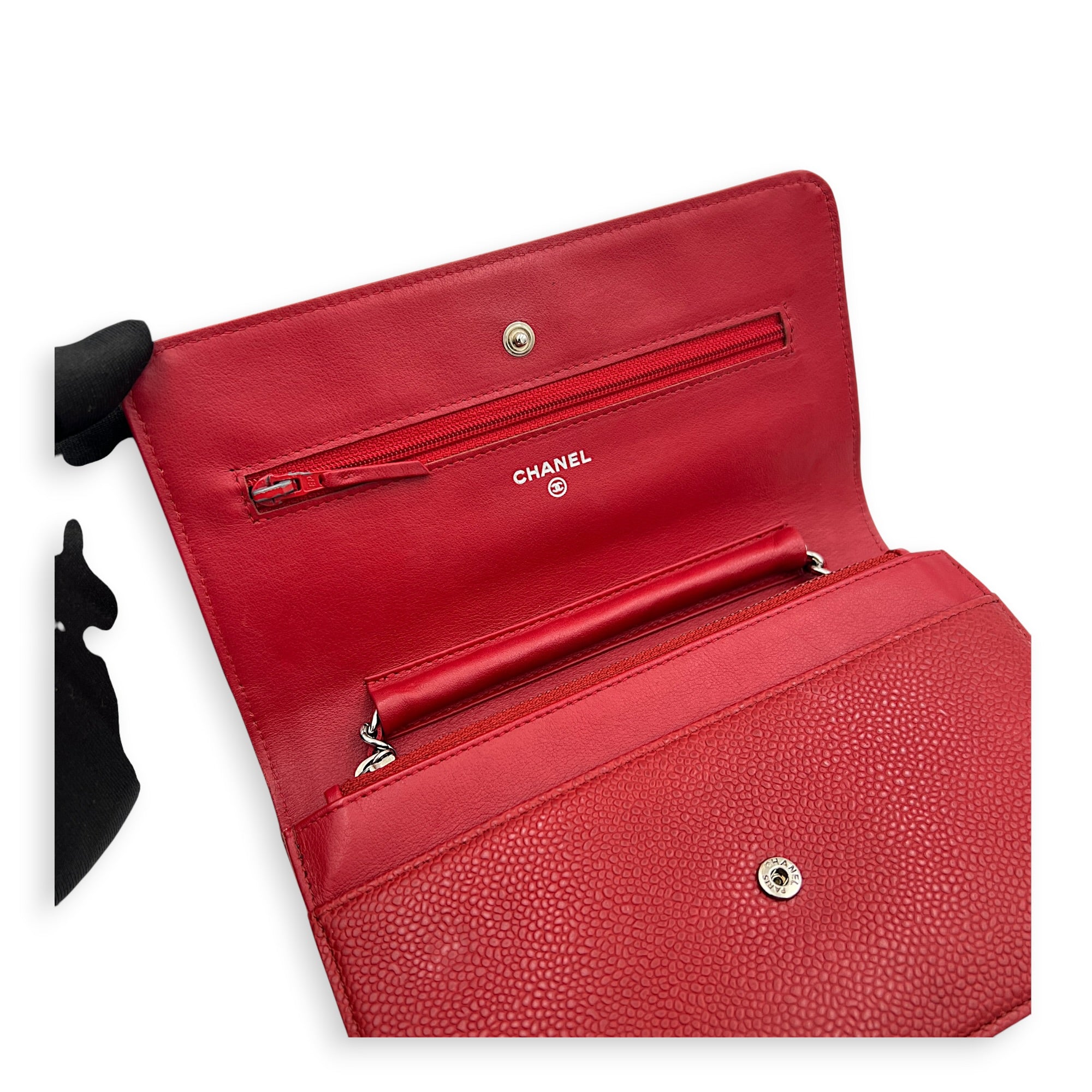 Timeless CC Wallet On Chain Red in Caviar Leather, Silver hardware