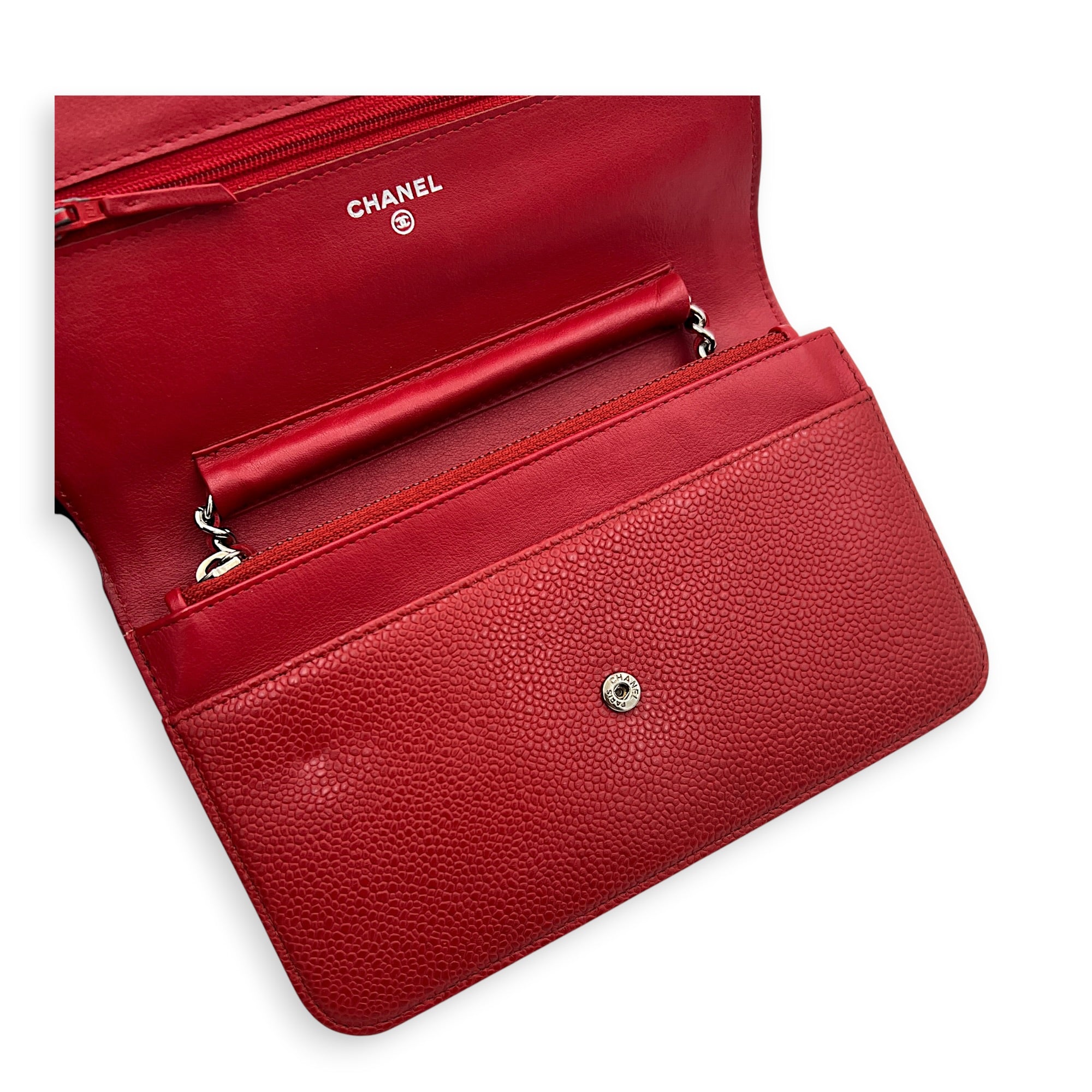 Timeless CC Wallet On Chain Red in Caviar Leather, Silver hardware