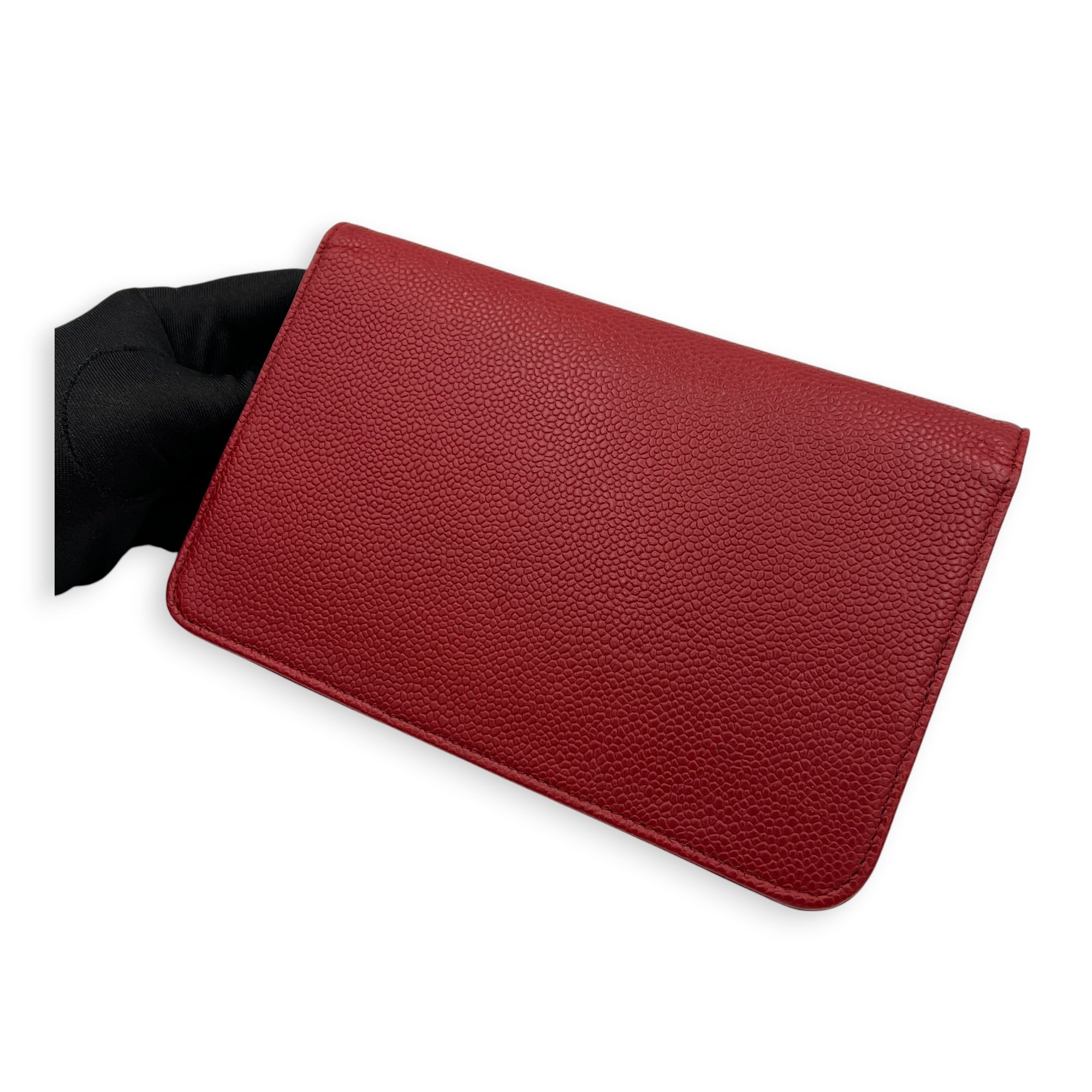 Timeless CC Wallet On Chain Red in Caviar Leather, Silver hardware