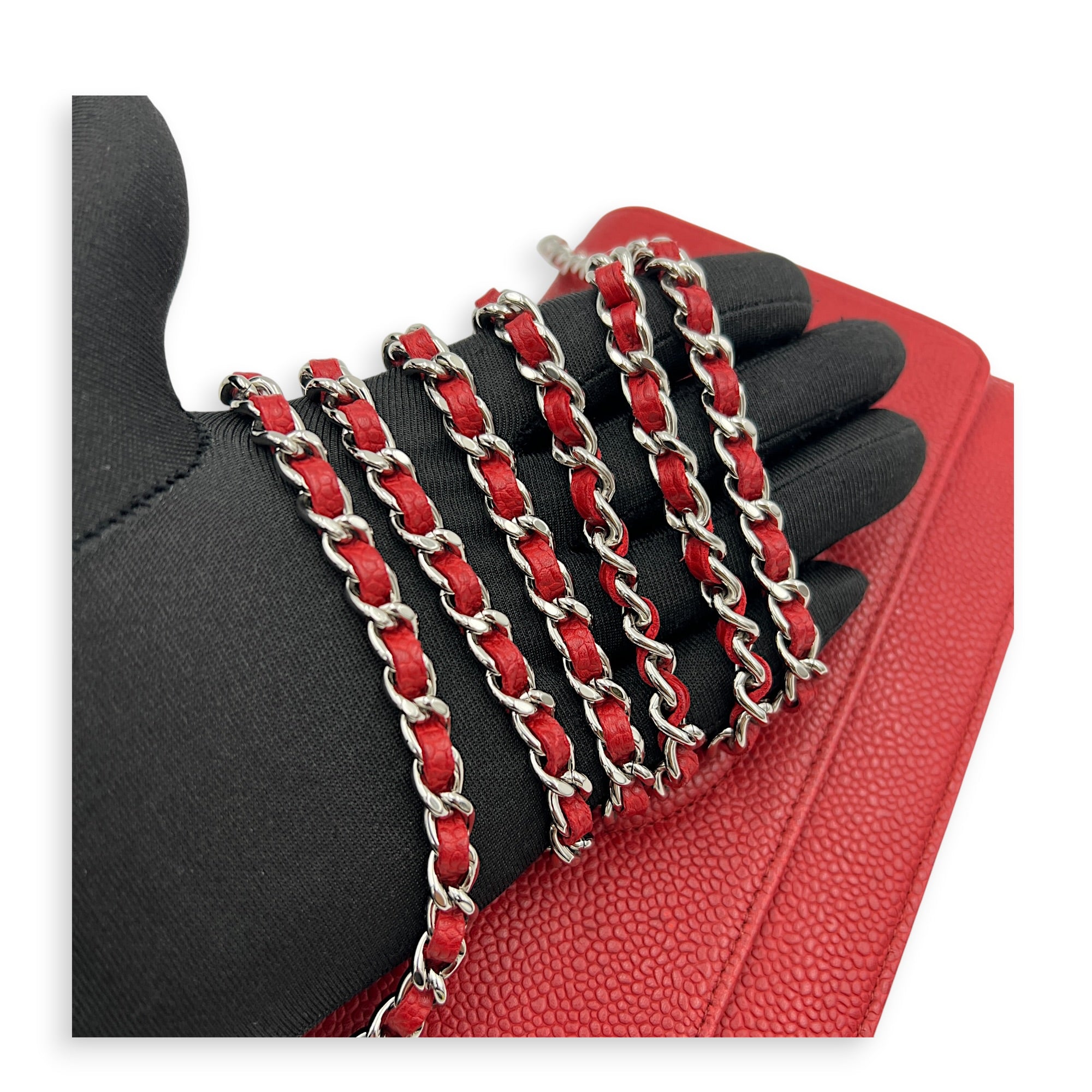 Timeless CC Wallet On Chain Red in Caviar Leather, Silver hardware