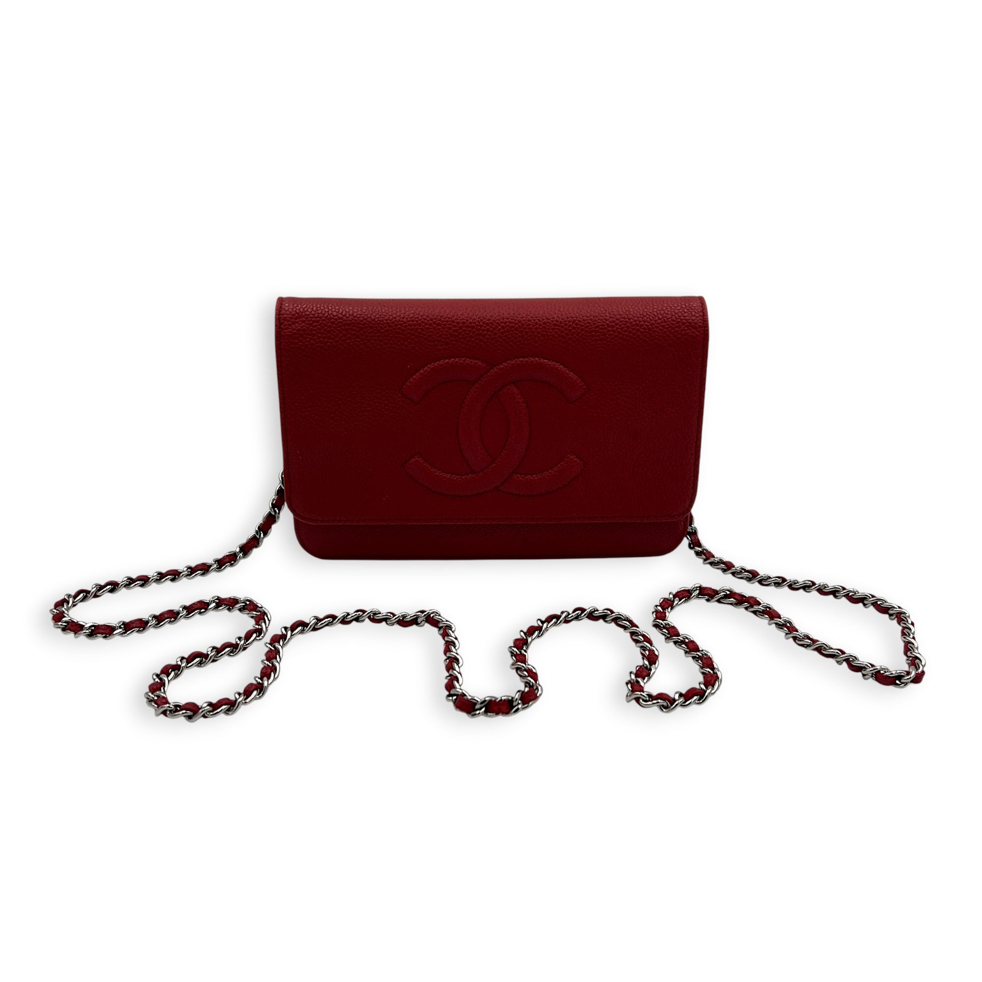 Timeless CC Wallet On Chain Red in Caviar Leather, Silver hardware