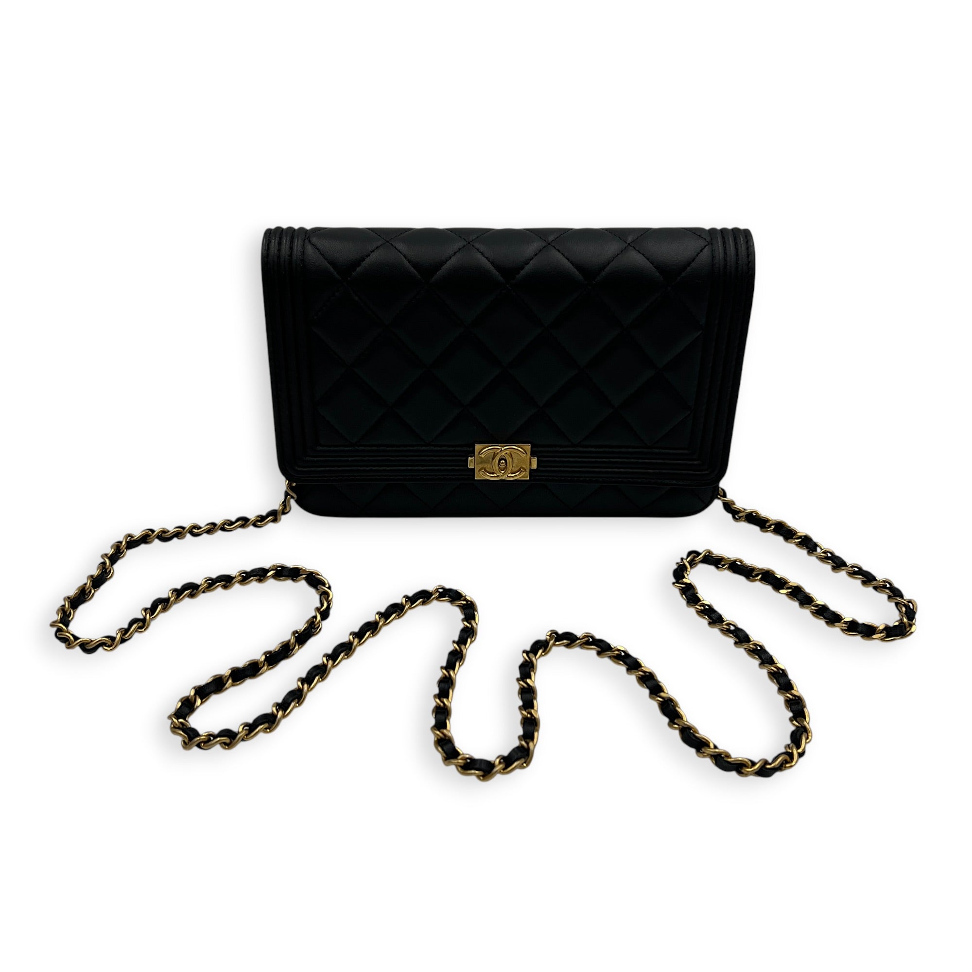 Boy Wallet On Chain Black in Lambskin, Gold hardware