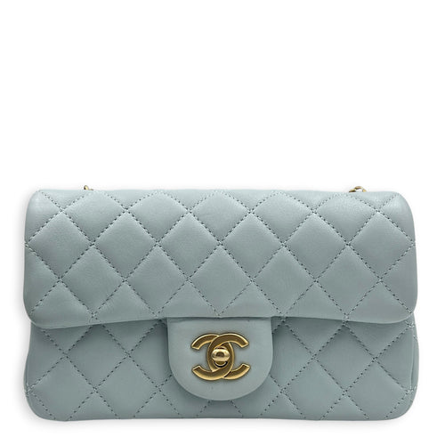 CC Mini Rectangle Pearl Crush Light Blue Shoulder Bag in Lambskin, Gold hardware