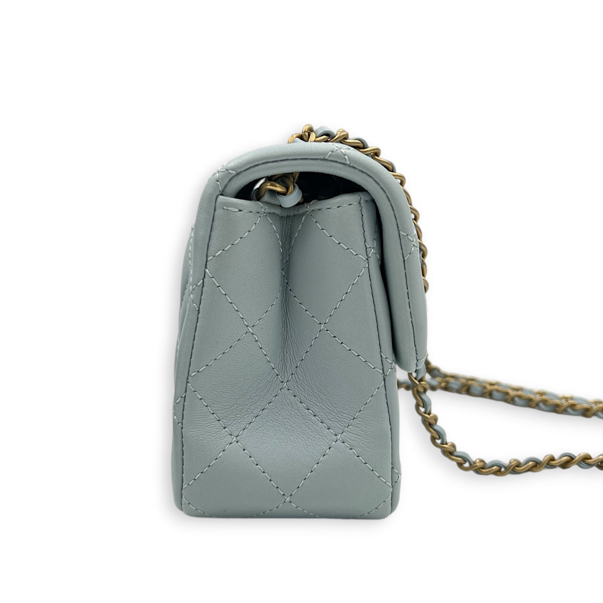 CC Mini Rectangle Pearl Crush Light Blue Shoulder Bag in Lambskin, Gold hardware