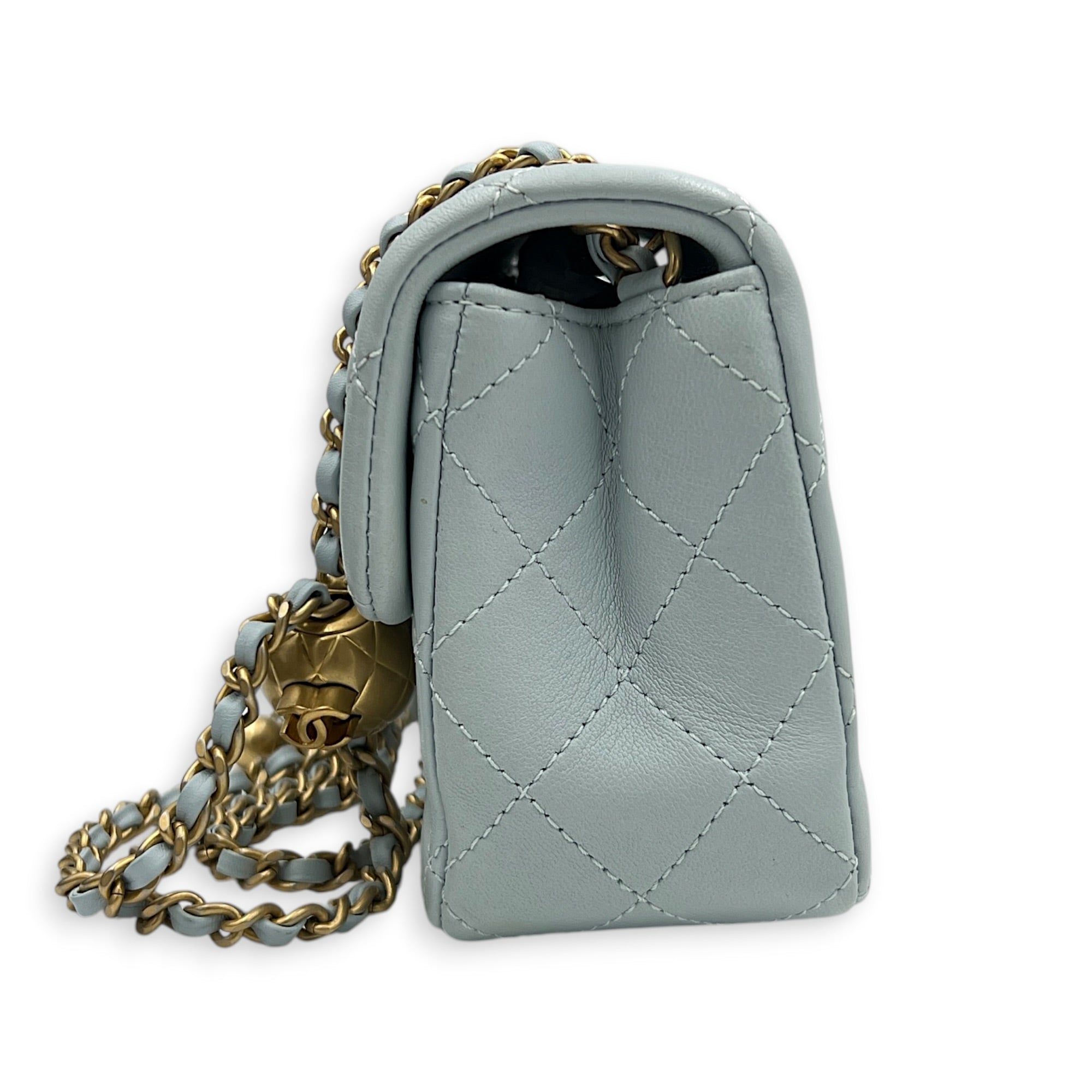 CC Mini Rectangle Pearl Crush Light Blue Shoulder Bag in Lambskin, Gold hardware