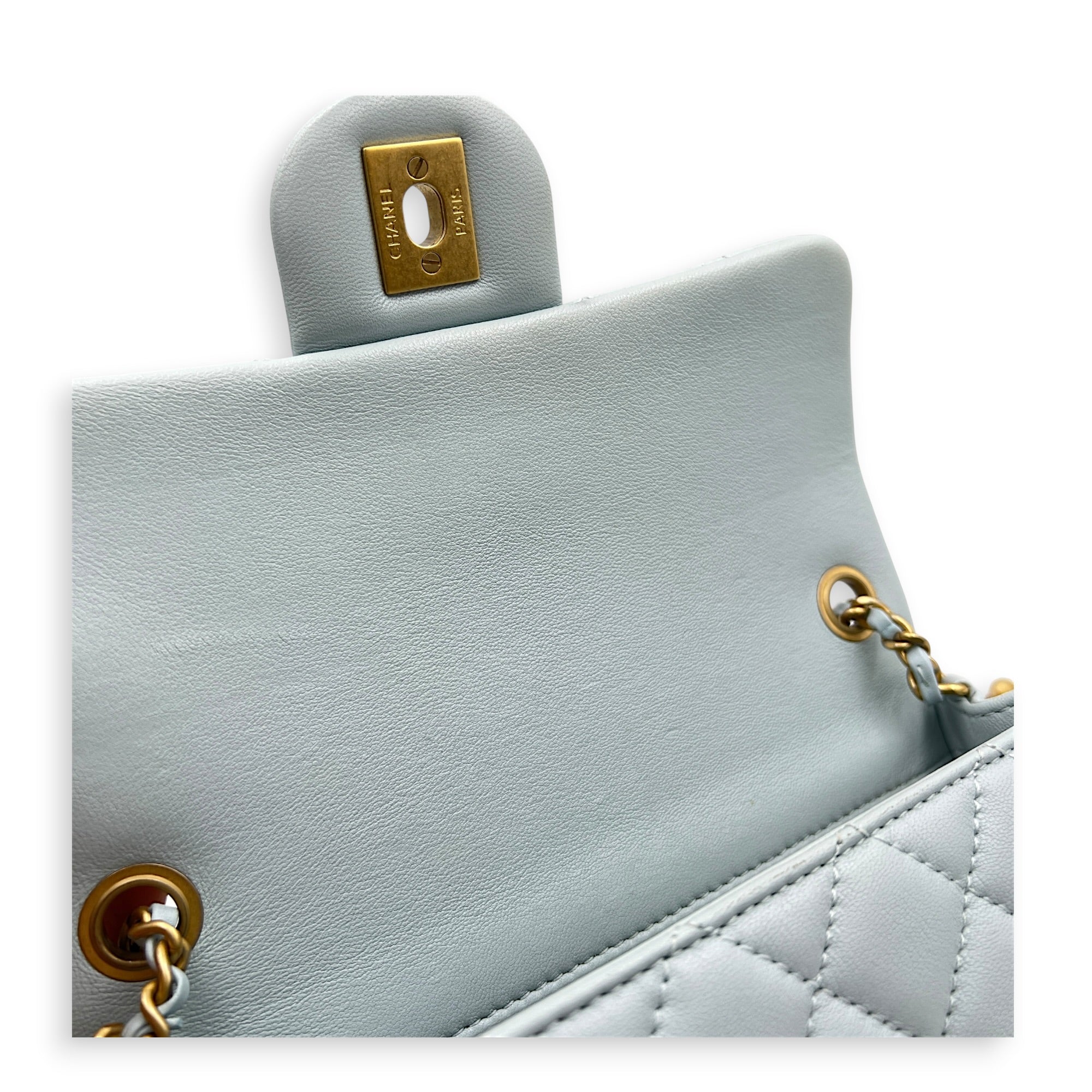 CC Mini Rectangle Pearl Crush Light Blue Shoulder Bag in Lambskin, Gold hardware