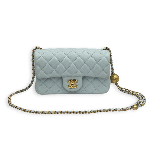 CC Mini Rectangle Pearl Crush Light Blue Shoulder Bag in Lambskin, Gold hardware