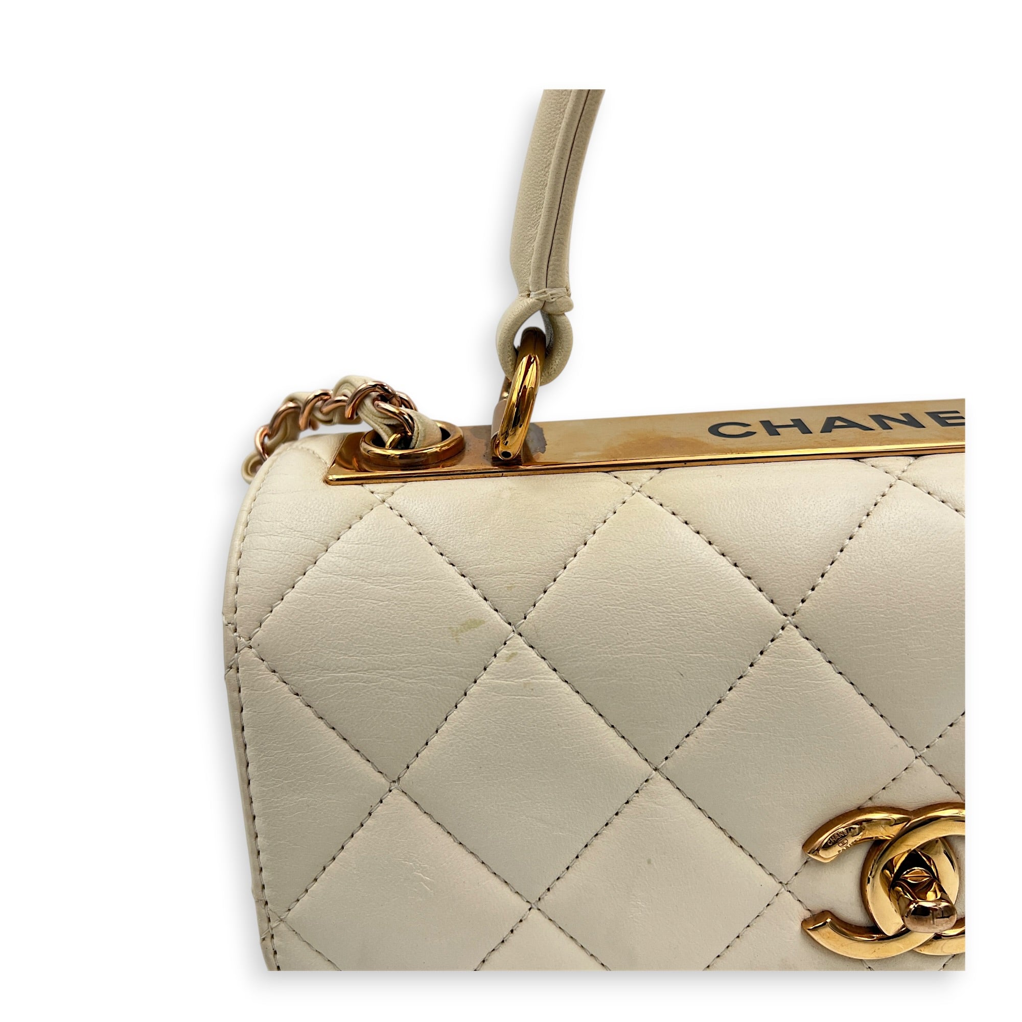 Trendy CC Small White Top Handle Bag in Lambskin, Rose Gold hardware
