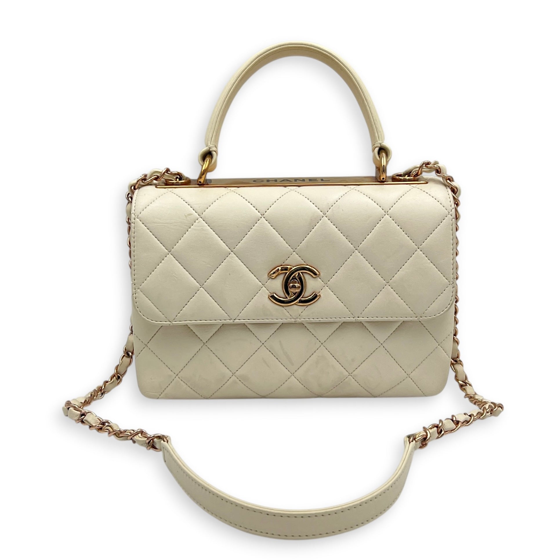 Trendy CC Small White Top Handle Bag in Lambskin, Rose Gold hardware