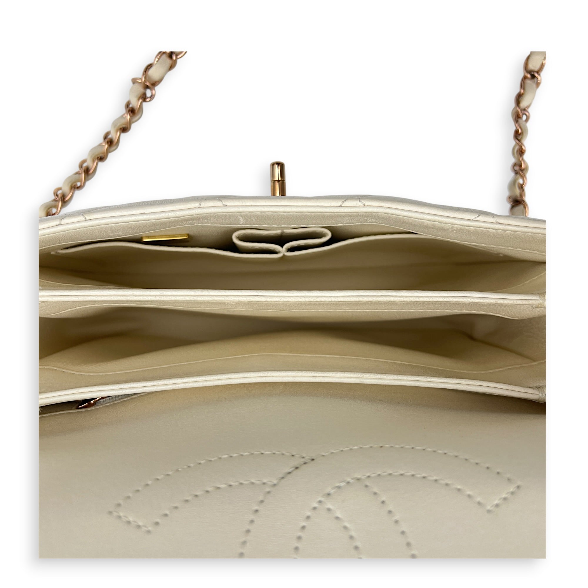 Trendy CC Small White Top Handle Bag in Lambskin, Rose Gold hardware