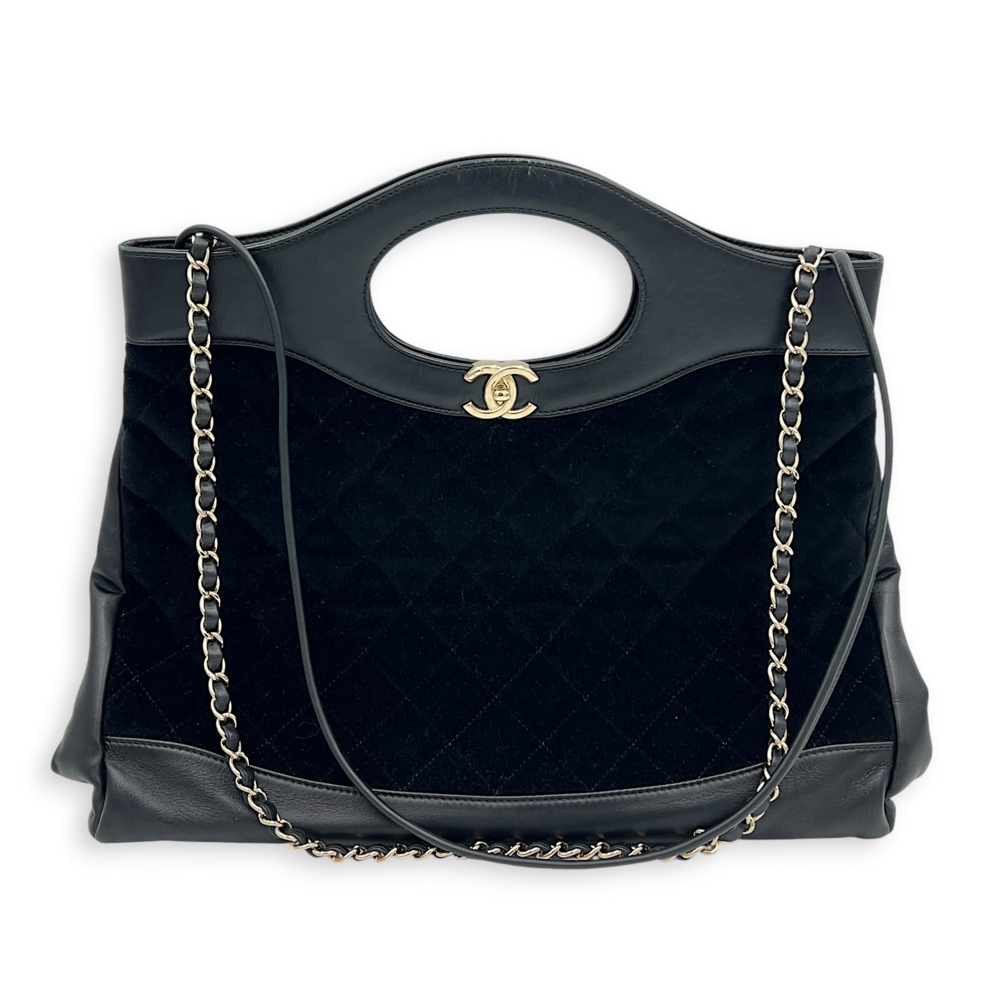 31 Large Black Tote Bag in Velvet, Gold hardware