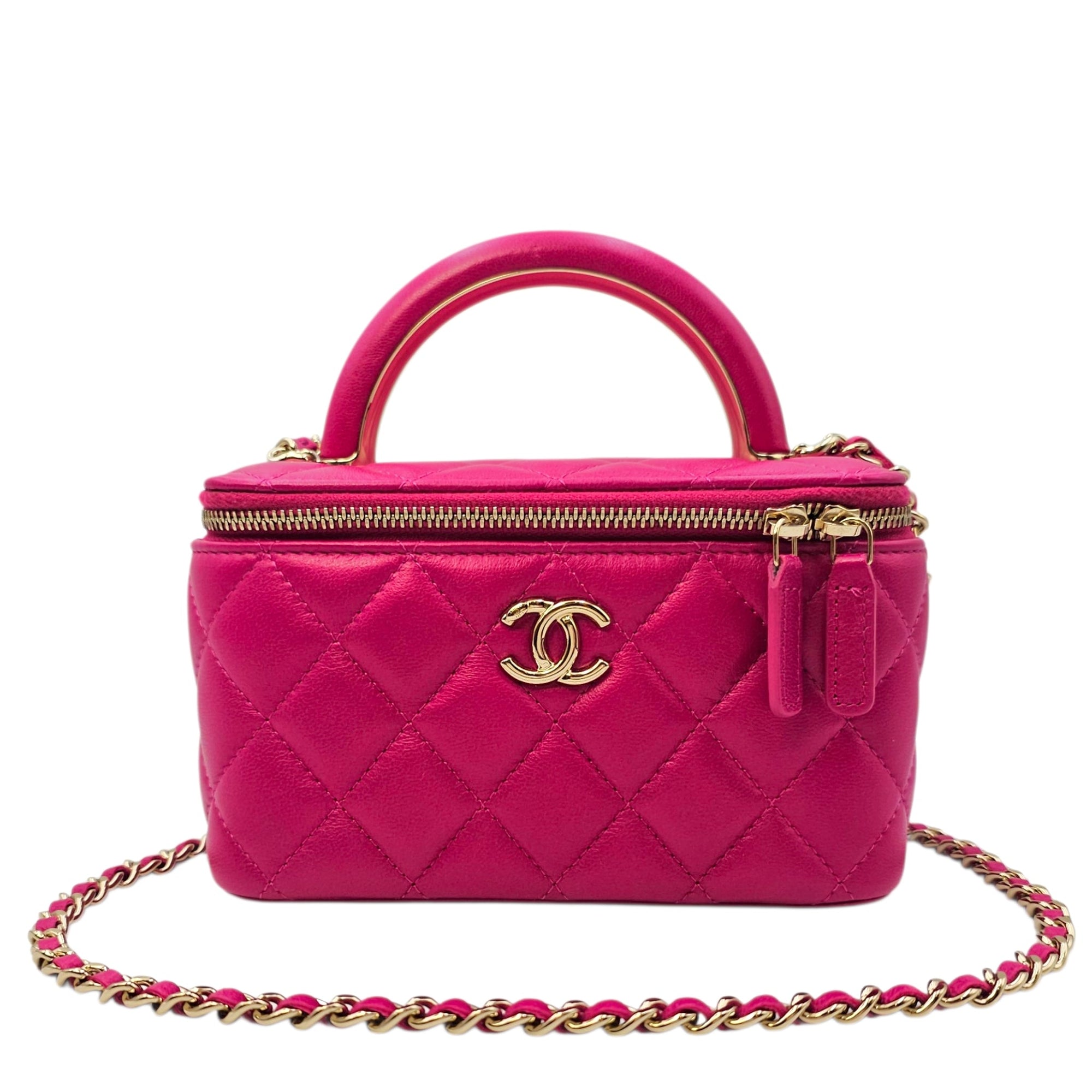 Quilted Top Handle  Pink Vanity Bag in Lambskin Gold hardware CL2502-9954 8
