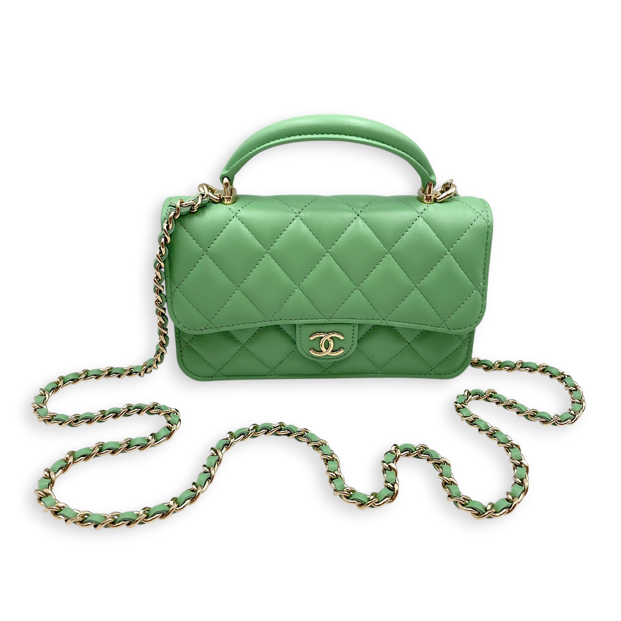 Top Handle Mini Apple Green  Crossbody Bag in Lambskin Gold hardware