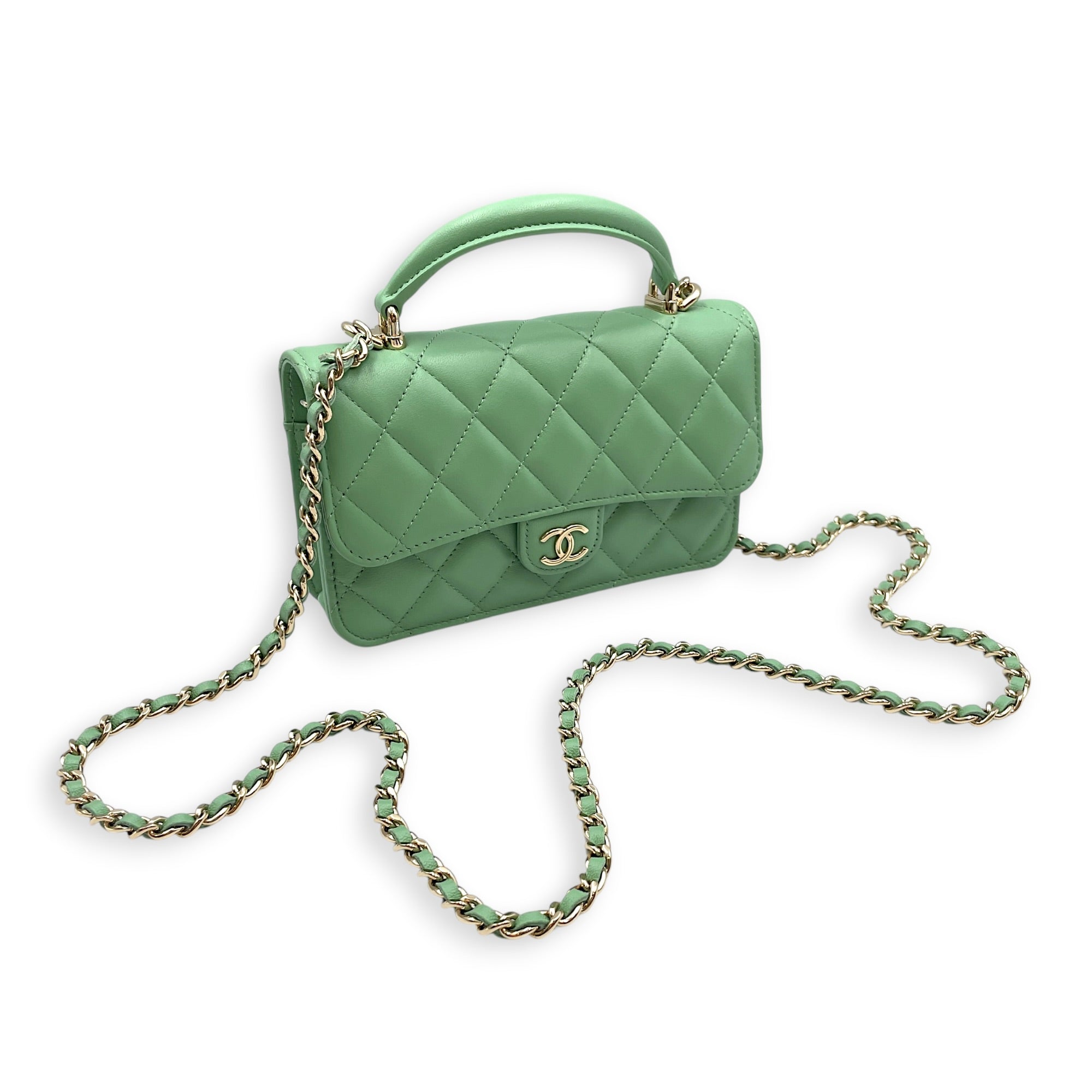 Top Handle Mini Apple Green  Crossbody Bag in Lambskin Gold hardware