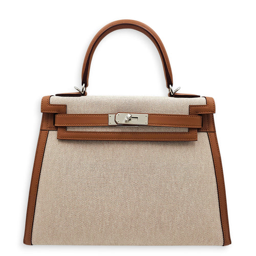Sellier Kelly 28 Gold/Beige-Ecru in Swift/Toile Palladium hardware
