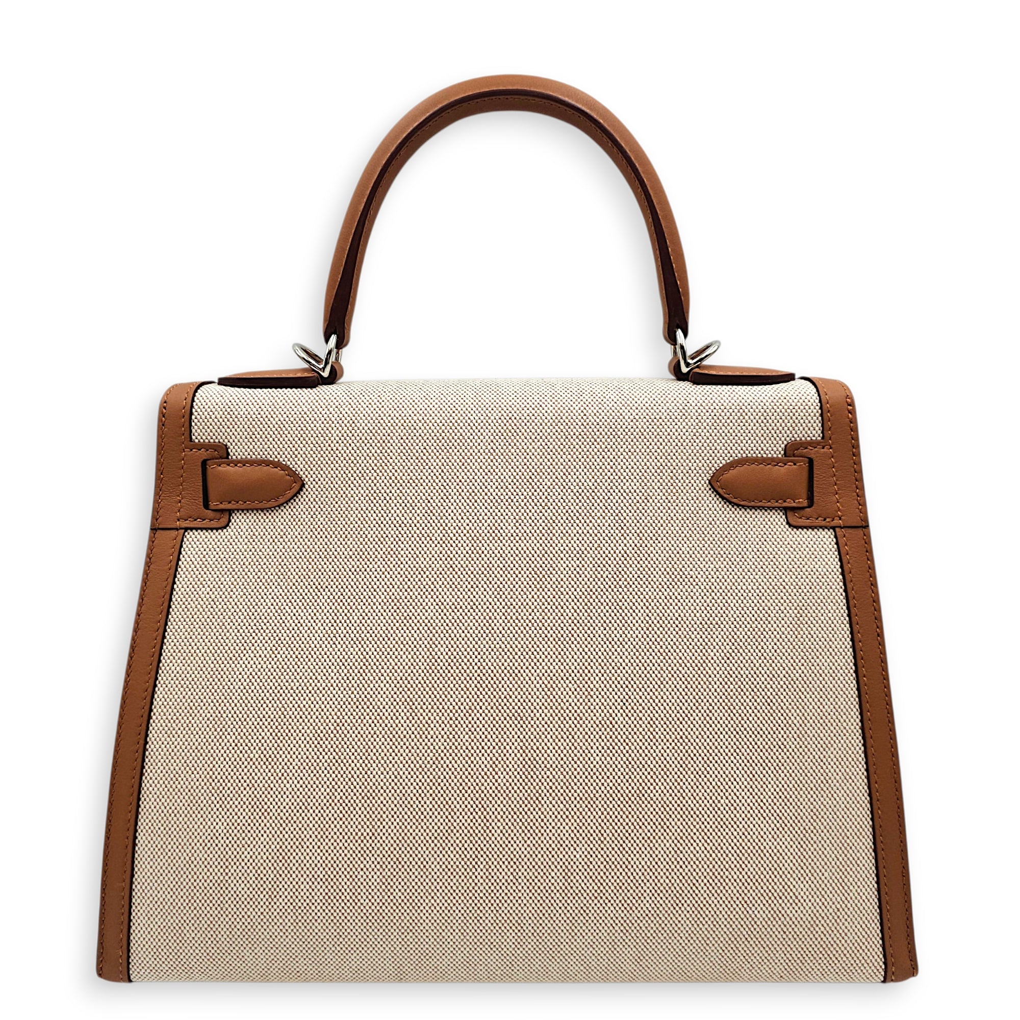 Sellier Kelly 28 Gold/Beige-Ecru in Swift/Toile Palladium hardware