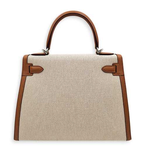 Sellier Kelly 28 Gold/Beige-Ecru in Swift/Toile Palladium hardware