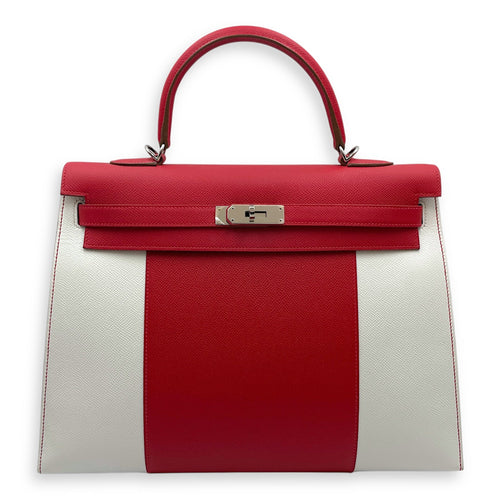 Flag Sellier Kelly 35 Rouge Casaque/Blanc in Epsom Palladium hardware CL2508-15061 1
